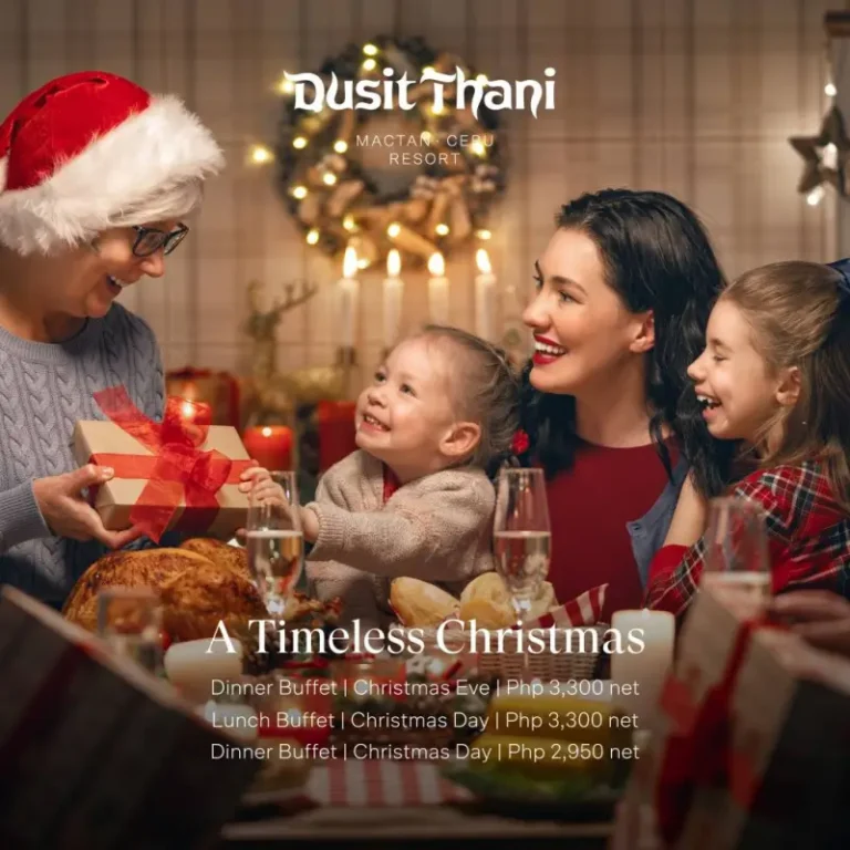 Dusit Thani Mactan Cebu Christmas buffet promotion poster showing a happy family exchanging gifts at a festive dinner table. Text includes "A Timeless Christmas" and price details for Christmas Eve and Day buffets.