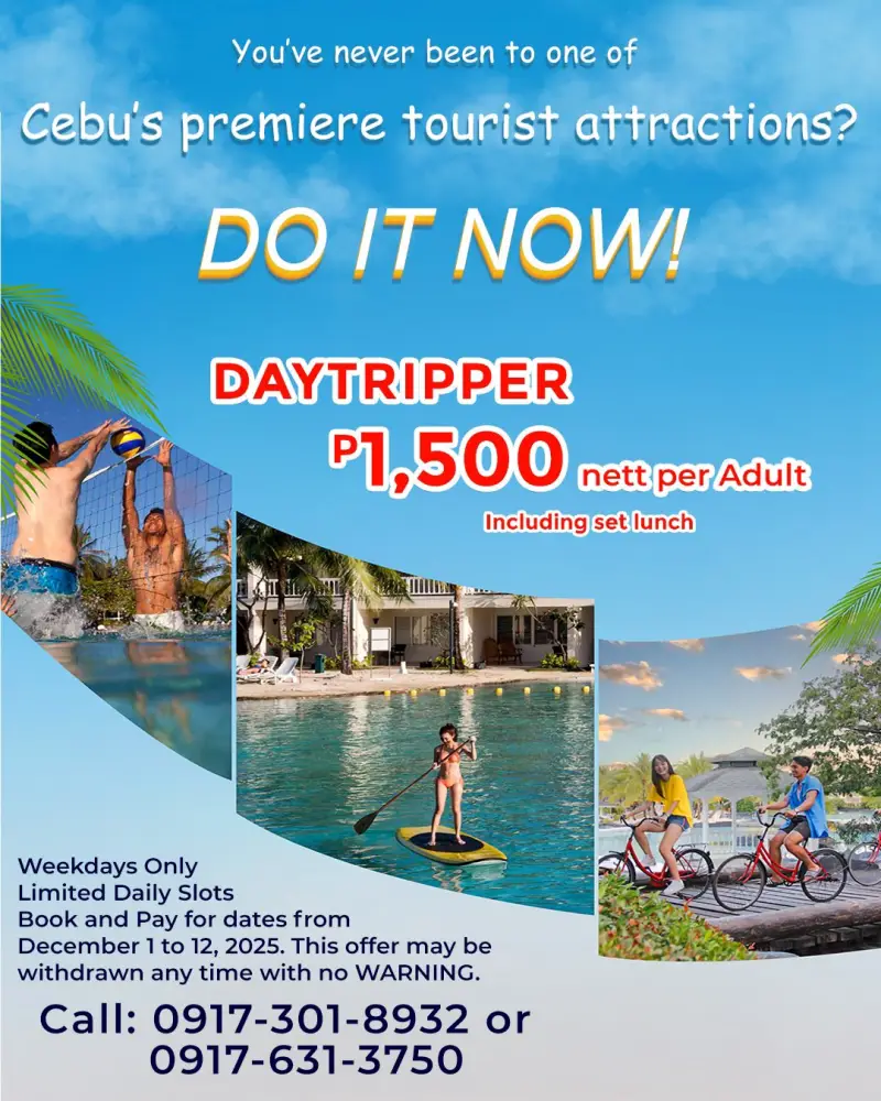 Plantation Bay Cebu Day Use Promo Poster - 1,500 Pesos Nett with Lunch (Valid Weekdays Dec 1-12, 2025)