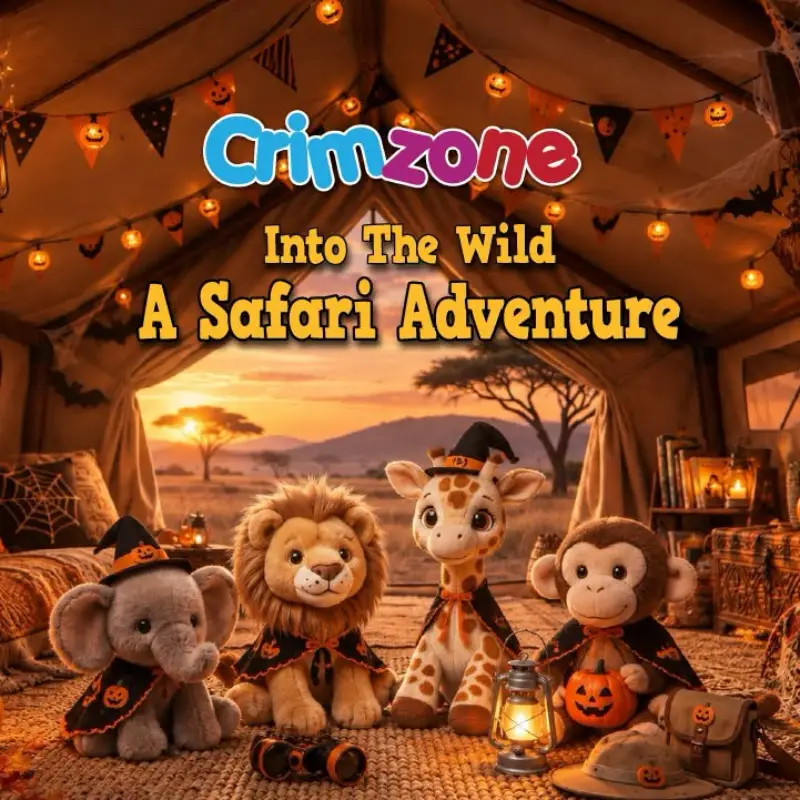 クリムゾンリゾート・セブ ハロウィンイベント「Into The Wild: A Safari Adventure」のポスター。ライオン・ゾウ・キリン・サルのぬいぐるみがハロウィン衣装を着てテントキャンプの背景に並んでいる