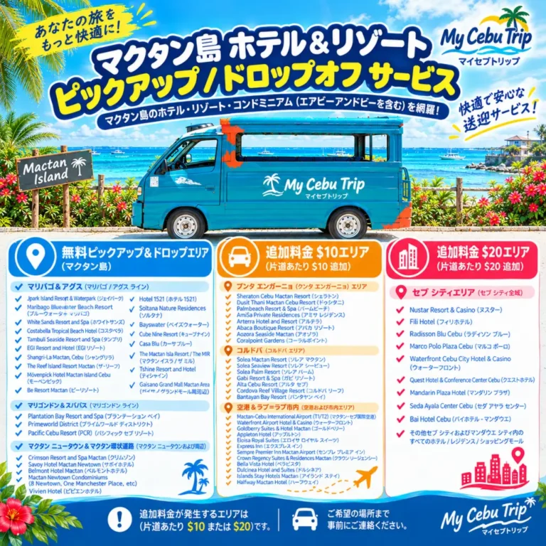マイセブトリップ マクタン島ホテル・リゾート ピックアップ ドロップオフ サービス案内 - 無料・$10・$20エリア