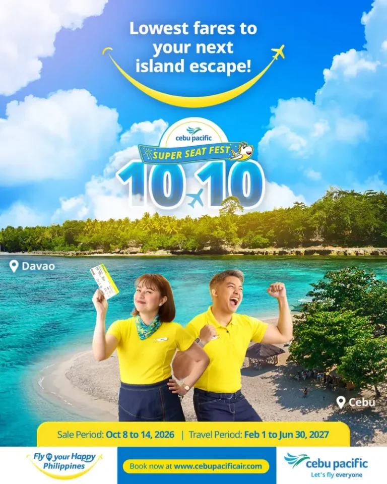 Cebu Pacific 10.10 Super Seat Fest promo poster with Cebu and Davao beaches – sale period Oct 8–14, 2026, travel period Feb 1 – Jun 30, 2027
