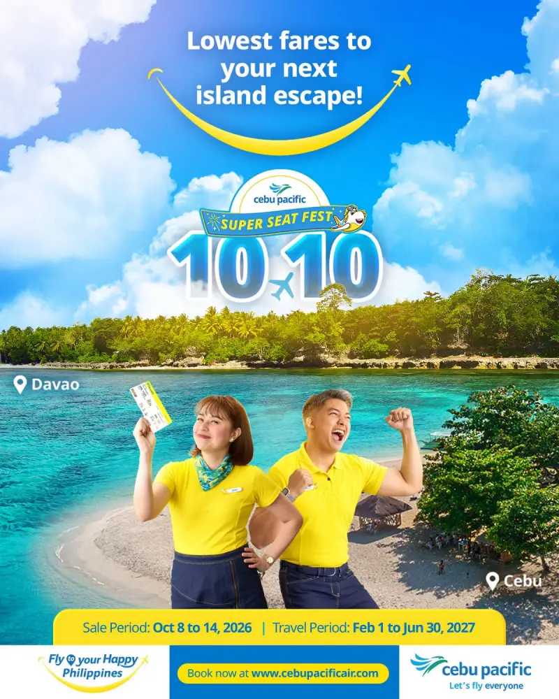 セブパシフィック航空「10.10スーパーシートフェスト」セール告知画像(セブ・ダバオのビーチ)– 販売期間2026年10月8日〜14日、搭乗期間2027年2月1日〜6月30日