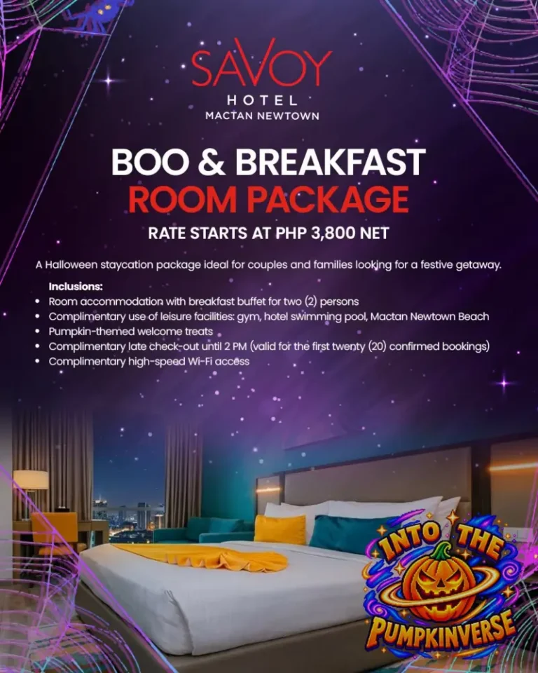 Savoy Hotel Mactan Newtown Halloween “Boo & Breakfast” room package poster – rates from PHP 3,800 net with breakfast for two, pumpkin welcome treats and late check-out
